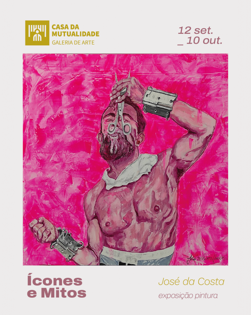 Imagem com fundo cor de rosa de um ícone da cultura Pop António Variações a segurar uma tesoura em frente da Cara